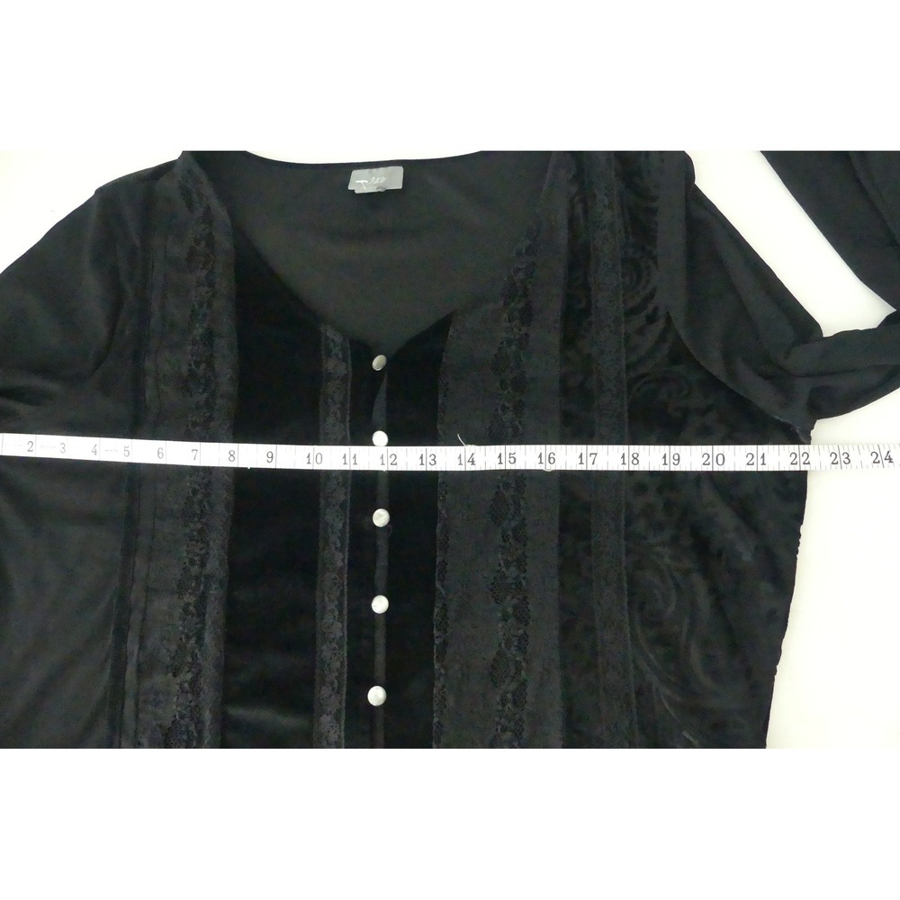 J. Jill Womens Black Velvet Lace Burnout Long Sleeve Stretch Top Large Sheer Arm - Picture 7 of 8
